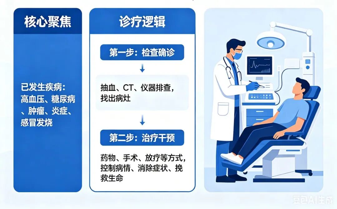 Clinical medicine focuses on disease that has already appeared
